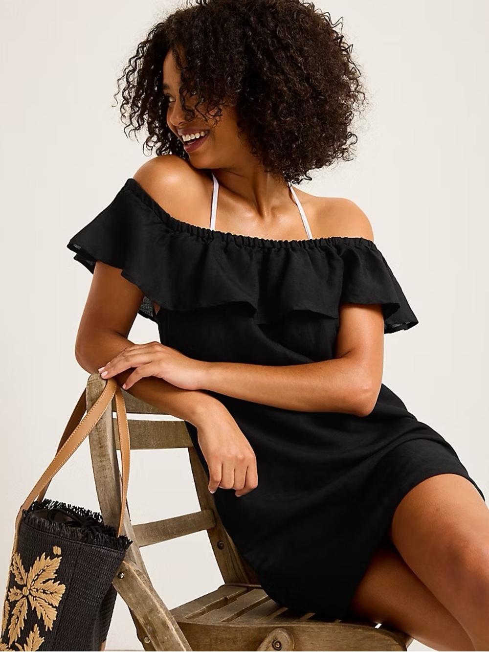 Tommy Bahama Black Off-Shoulder Ruffle Mini Dress - Picture 2 of 9